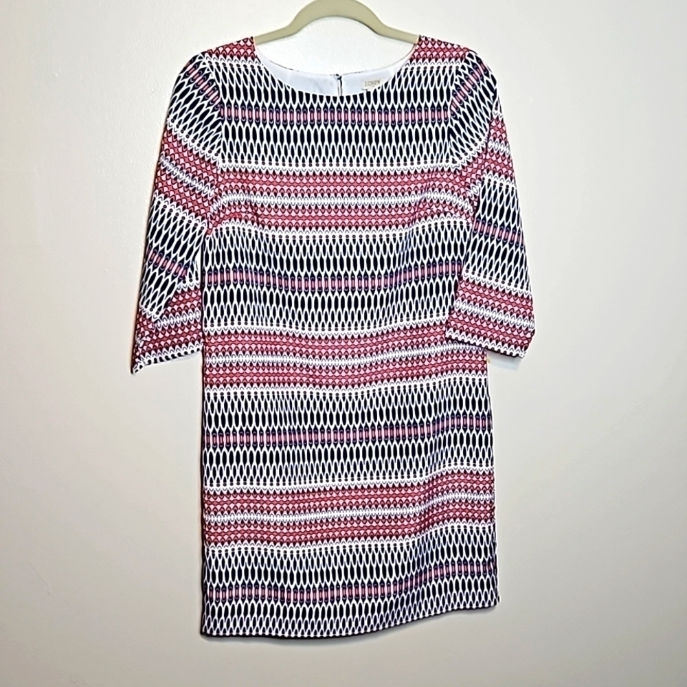 J Crew White Blue Pink Geometric Print Shift Dress Size 2